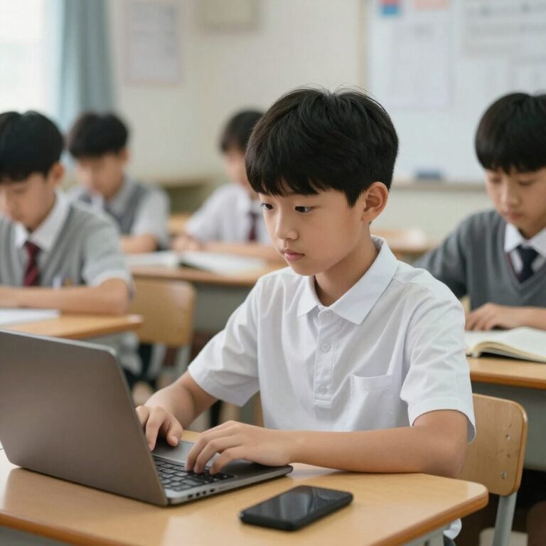 집중해서 온라인 강의를 듣는 중학생의 모습