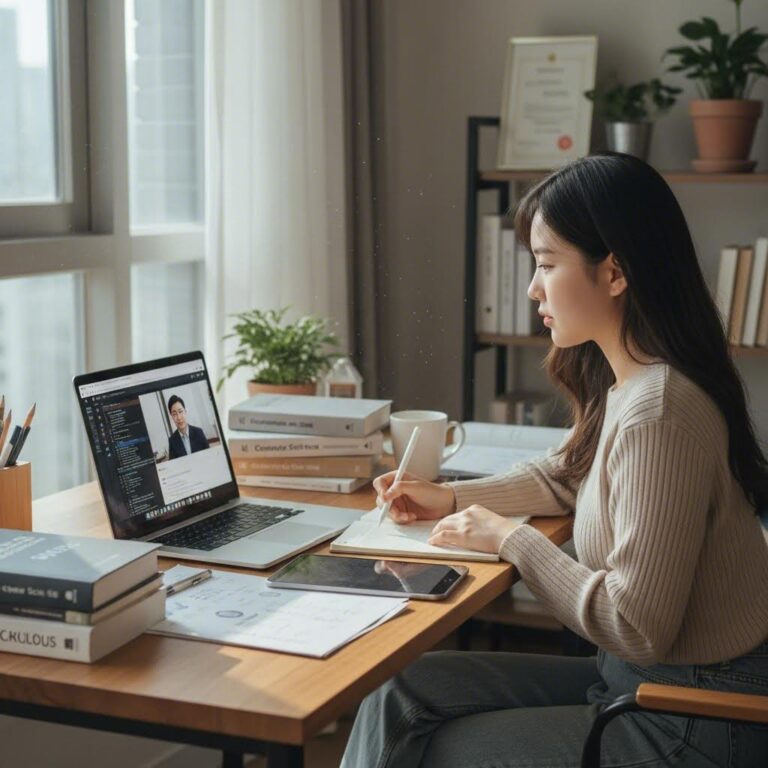 노트북으로 온라인 강의를 수강하며 학점은행제 컴퓨터공학 과정을 학습하는 모습