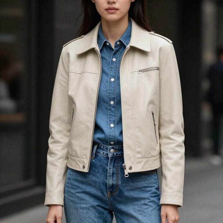 심플한 디자인의 베이지색 램스킨 레더자켓을 입은 여성이 캐주얼한 데님과 함께 코디한 모습