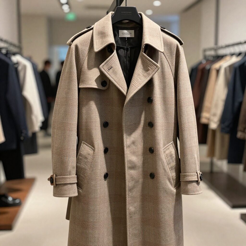 리버서블 디자인의 베이지와 브라운 체크 트렌치 코트가 매장에 걸려 있는 모습