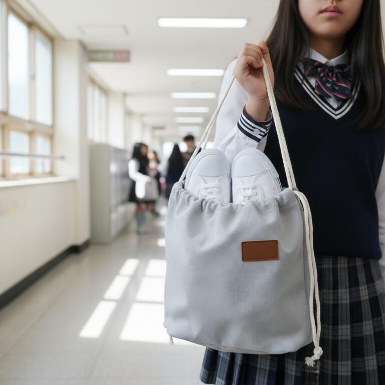 중학생이 들고 다니는 심플한 디자인의 실내화 신발 주머니