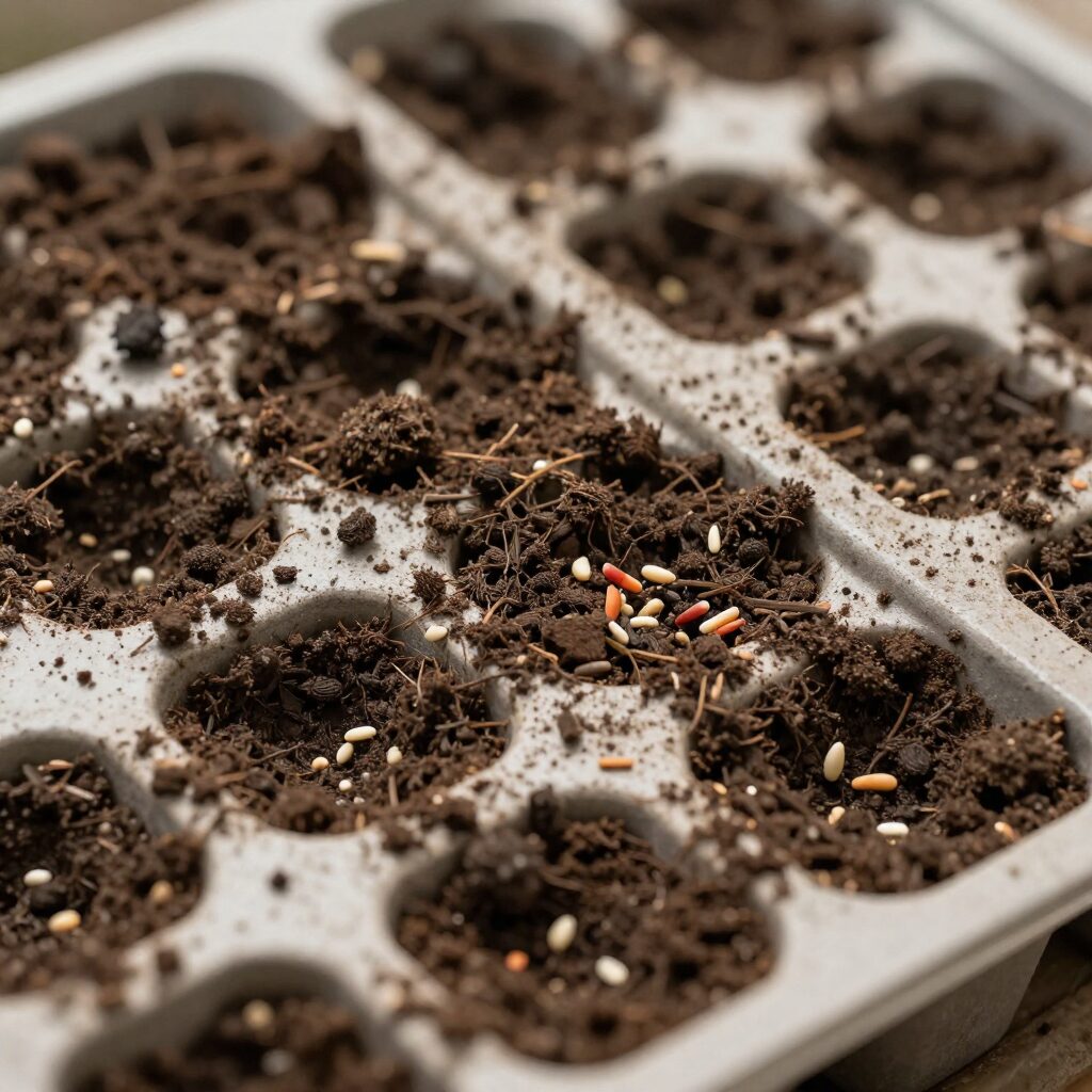 72구 고추 육묘 트레이에 상토를 채우고 씨앗을 파종하는 모습