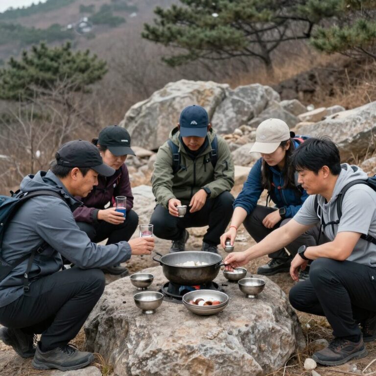산악회 회원들이 산에서 시산제를 지내며 술잔을 올리고 있는 모습