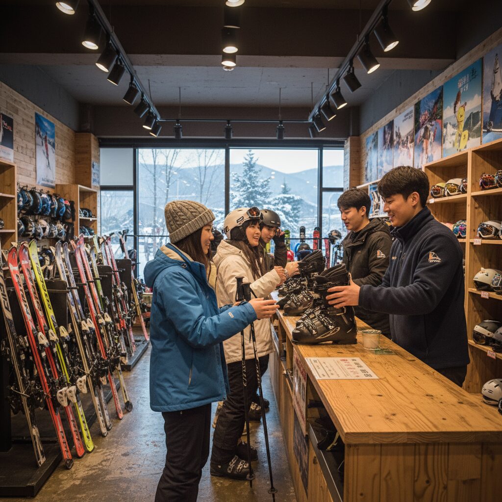 스키장 근처 렌탈샵에서 스키 장비를 받는 모습