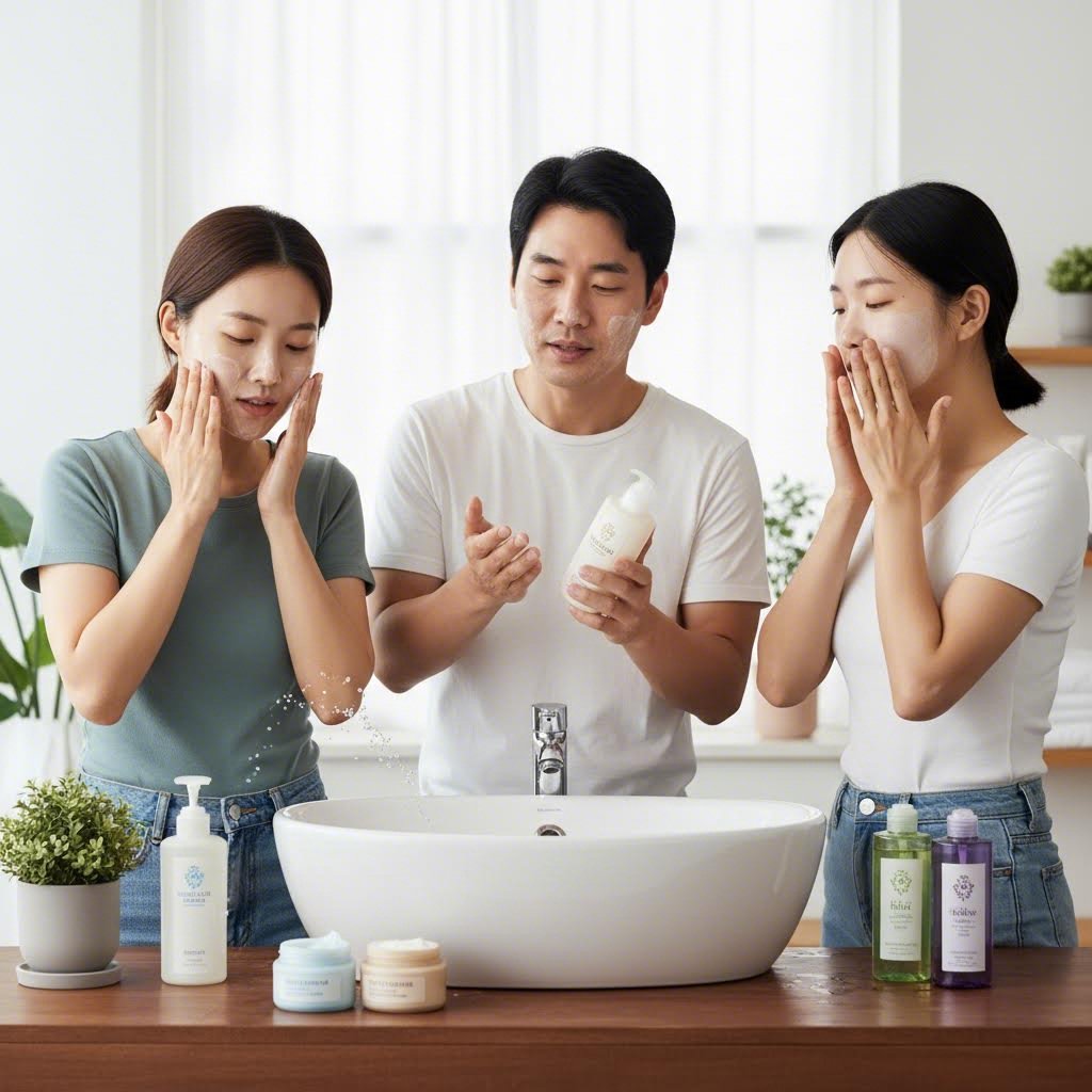 지성 건성 복합성 피부를 위한 올바른 세안법과 보습 단계를 보여주는 사진