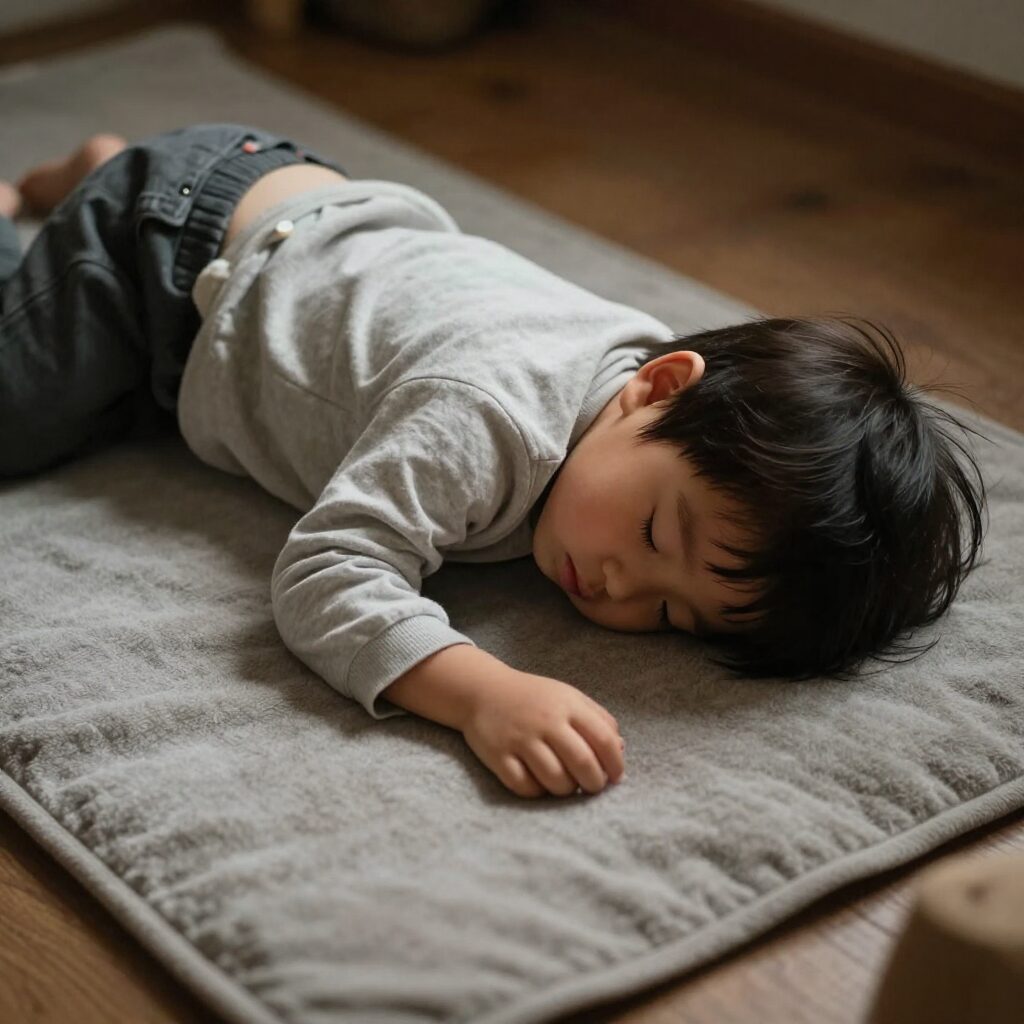 차 시트에 편하게 누워 잠든 어린 아이의 모습