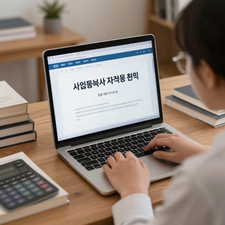 사회복지사 자격증 취득을 위한 온라인 강의와 학습 자료가 놓인 책상