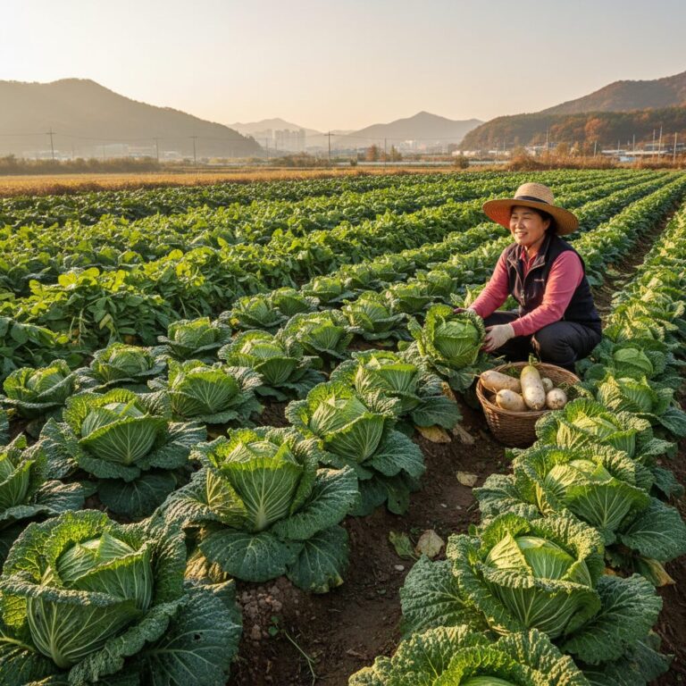 가을 솔이텃밭의 풍성한 무와 배추 농작물