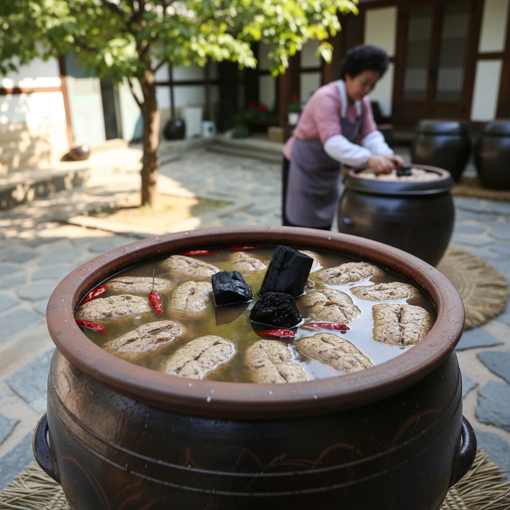 항아리에 담긴 메주와 소금물, 위에 고추와 숯이 올려져 있는 정월 장담기 과정 사진
