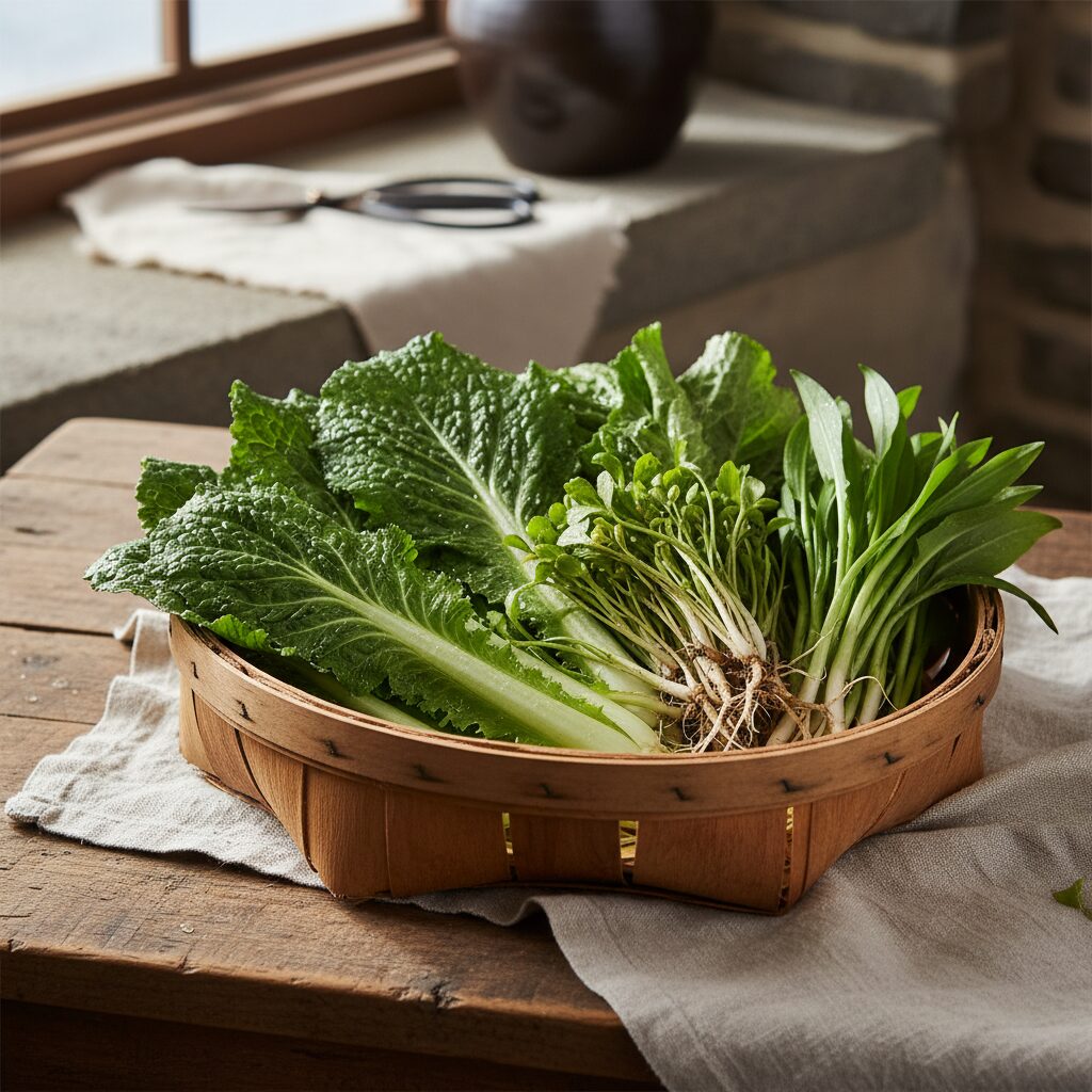 2월 제철 봄동, 냉이, 달래가 담긴 나무 바구니