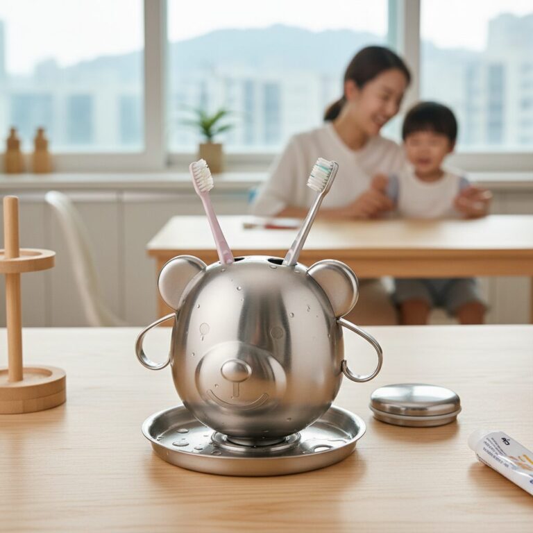 304 스테인리스 재질의 어린이용 거꾸로 양치컵이 테이블 위에 놓여 있음