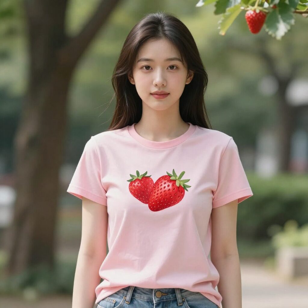 딸기우유 색상의 티셔츠를 입고 있는 모습