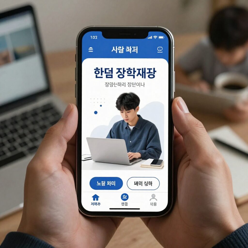 한국장학재단 모바일 앱 화면과 학생이 노트북으로 장학금 정보를 검색하는 모습