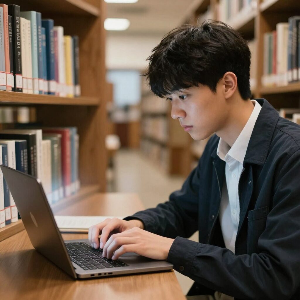 대학생이 도서관에서 가벼운 노트북을 사용하는 모습