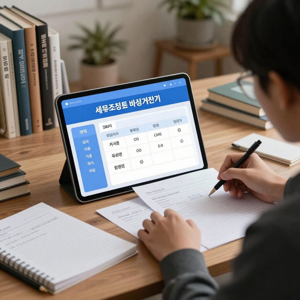 세무조정료 비용 계산기와 회계 서류가 놓인 책상