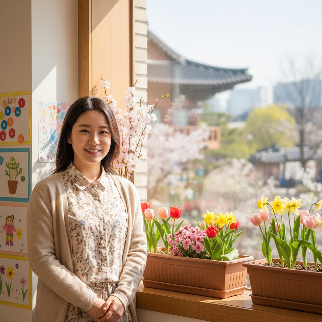 봄꽃이 피어나는 창가에서 미소 짓는 어린이집 교사