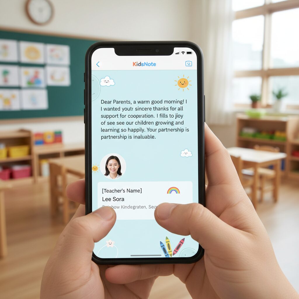 키즈노트에 쓰인 유치원 교사의 따뜻한 인사말과 감사 표현이 적힌 스크린샷