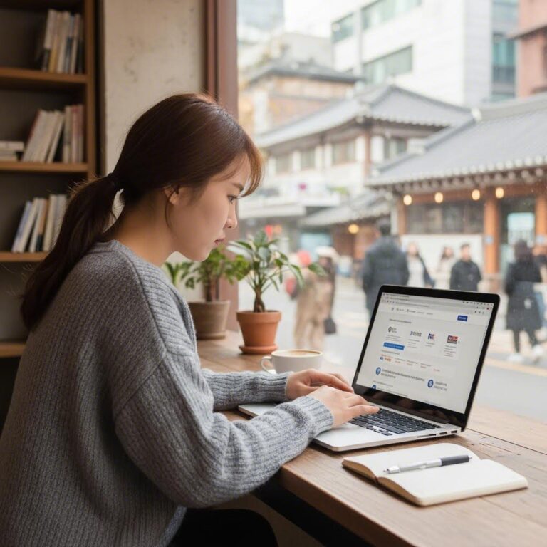 노트북으로 대학 자율모집 정보를 검색하는 여성