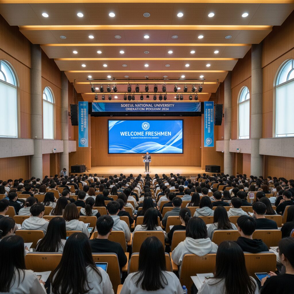 대학 강당에서 진행되는 신입생 오리엔테이션 현장