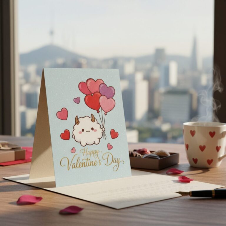 귀여운 캐릭터와 하트가 그려진 발렌타인데이 카드 도안 예시