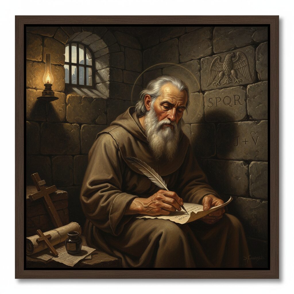 고대 로마 감옥에서 편지를 쓰는 발렌타인 성인의 그림