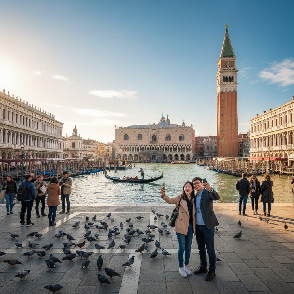 베네치아 3월 맑은 날 산마르코 광장과 운하 풍경