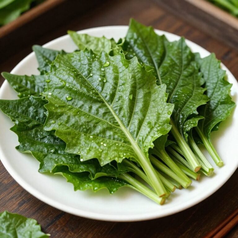 접시에 담긴 신선한 고추냉이 잎