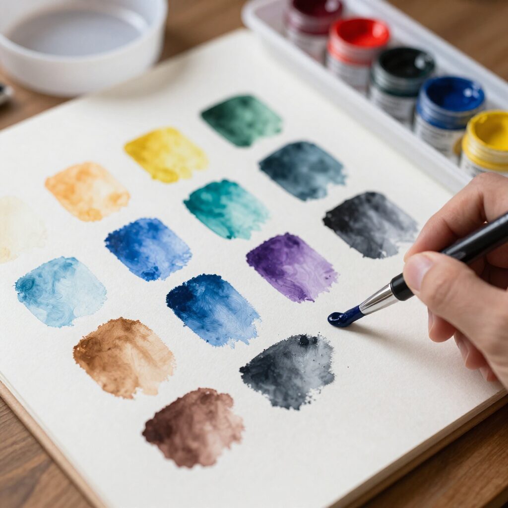 파레트에 색상 계열별로 정리된 수채화 물감이 지그재그로 채워진 모습