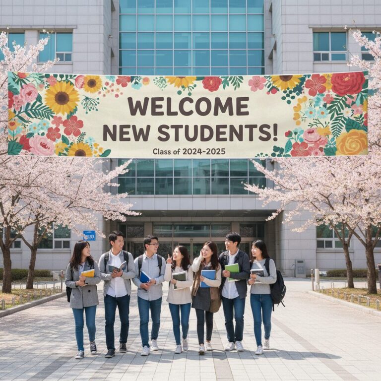 밝은 색상의 꽃무늬가 장식된 입학 환영 현수막 디자인 예시