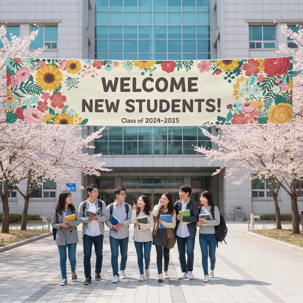 밝은 색상의 꽃무늬가 장식된 입학 환영 현수막 디자인 예시