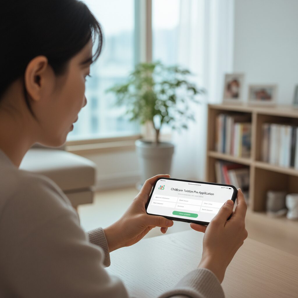 휴대폰으로 복지로 앱을 이용해 유아학비 사전신청 화면을 보는 모습