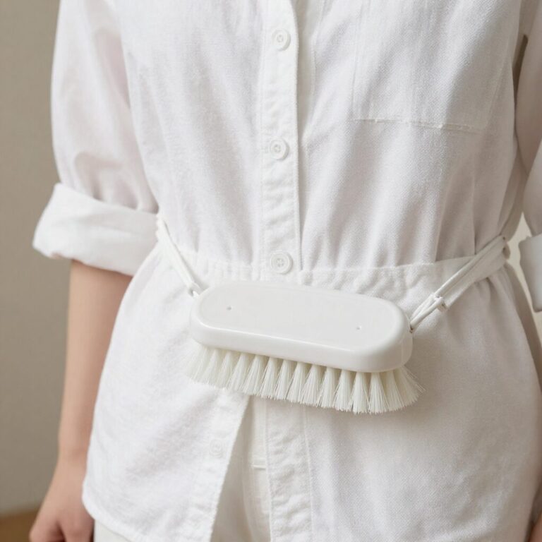 화이트 트위드 의류 관리를 위한 브러쉬와 전용 세제가 놓인 사진