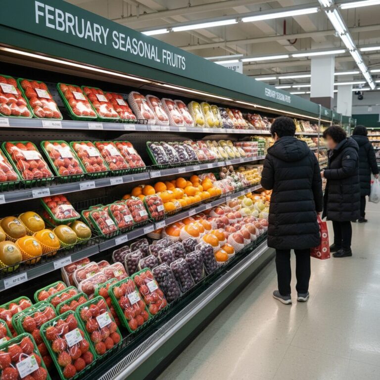 2월 제철 과일 종류가 진열된 마트 선반 사진