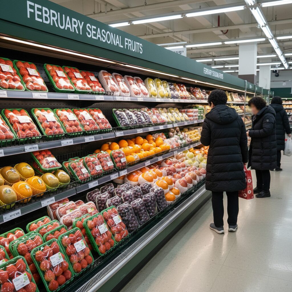 2월 제철 과일 종류가 진열된 마트 선반 사진