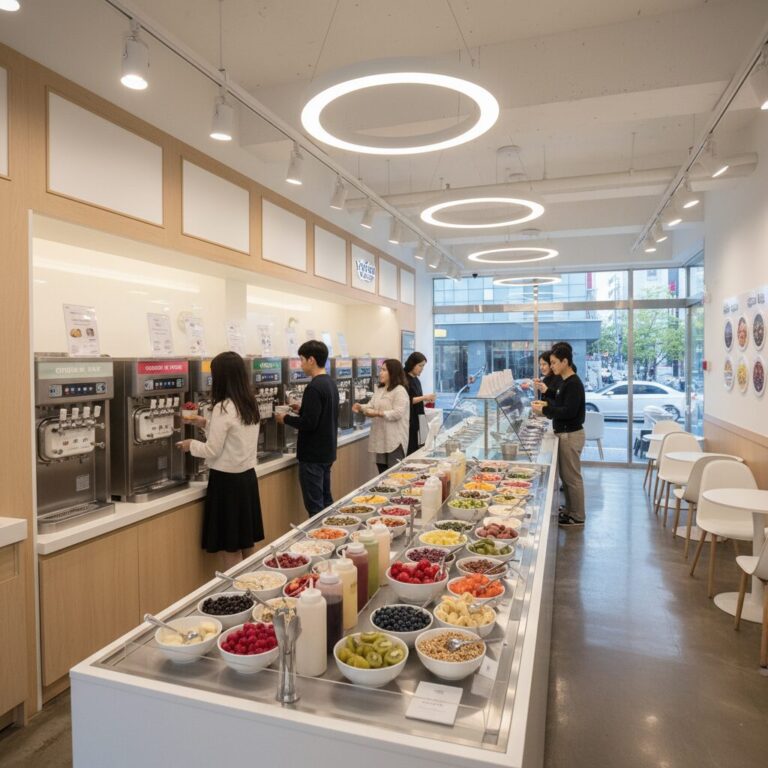 요거트월드 매장 내부의 깔끔한 인테리어와 다양한 요거트 아이스크림