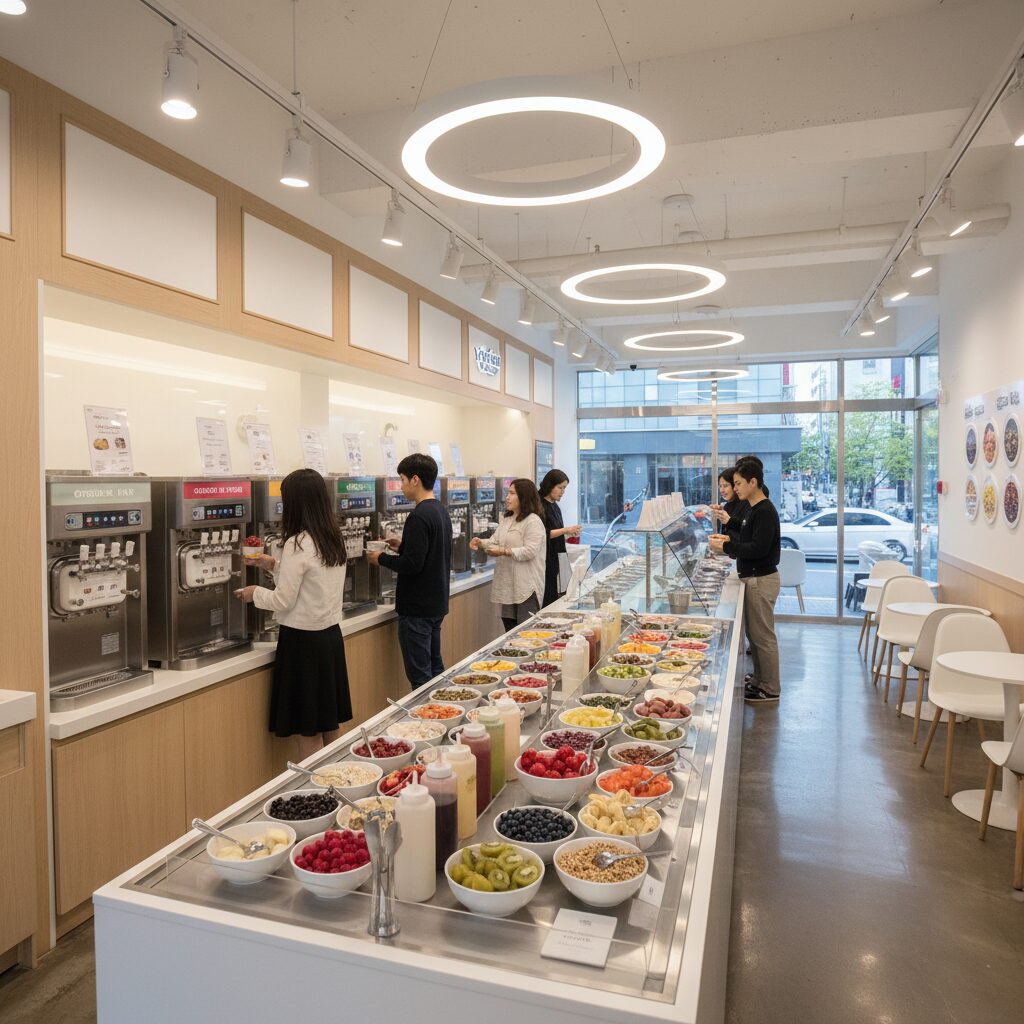 요거트월드 매장 내부의 깔끔한 인테리어와 다양한 요거트 아이스크림