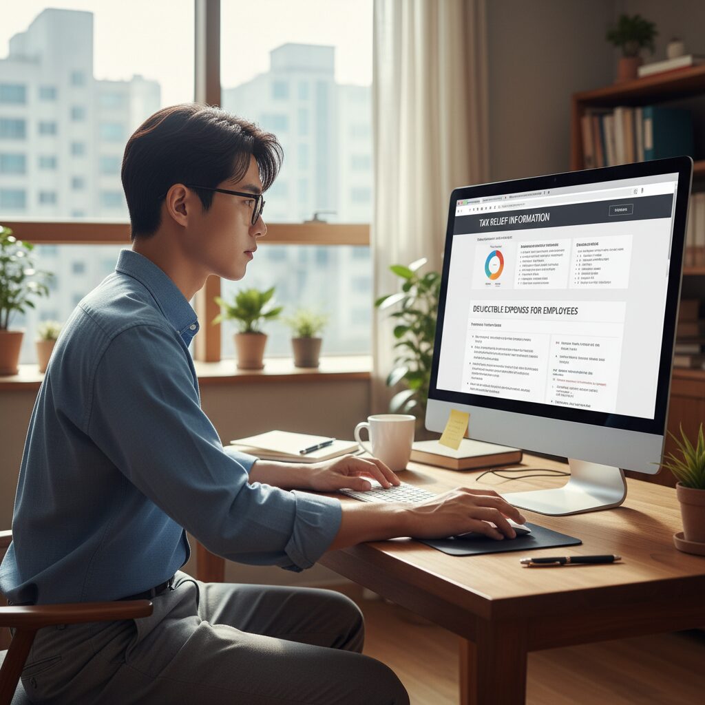 청년 직장인이 컴퓨터로 세금 감면 정보를 확인하는 모습