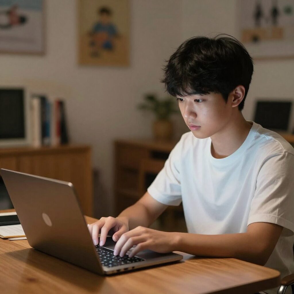 청소년지도사 자격증을 위한 온라인 강의를 노트북으로 수강하는 모습