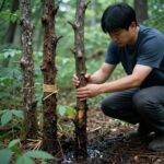 산속에서 다래나무 줄기에 호스를 연결해 수액을 채취하는 장면