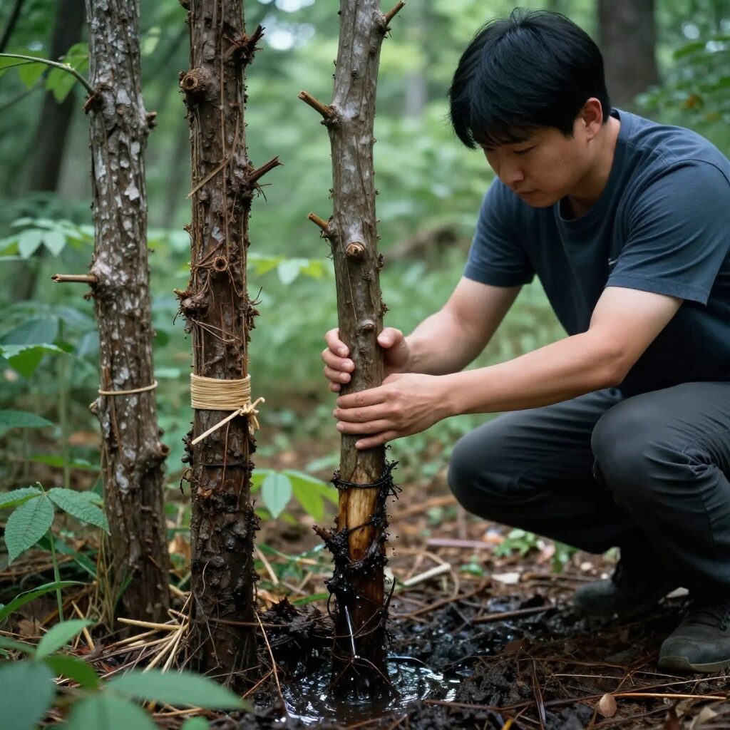 산속에서 다래나무 줄기에 호스를 연결해 수액을 채취하는 장면