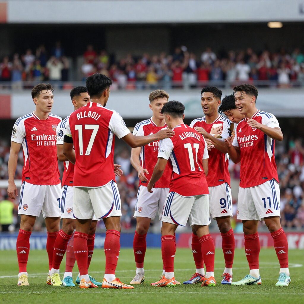 아스날 선수들이 챔피언스리그 8강 승리를 자축하는 모습