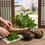 머위 효능과 부작용 봄나물 건강하게 즐기는 방법 봄나물 머위가 담긴 나무 바구니와 장아찌