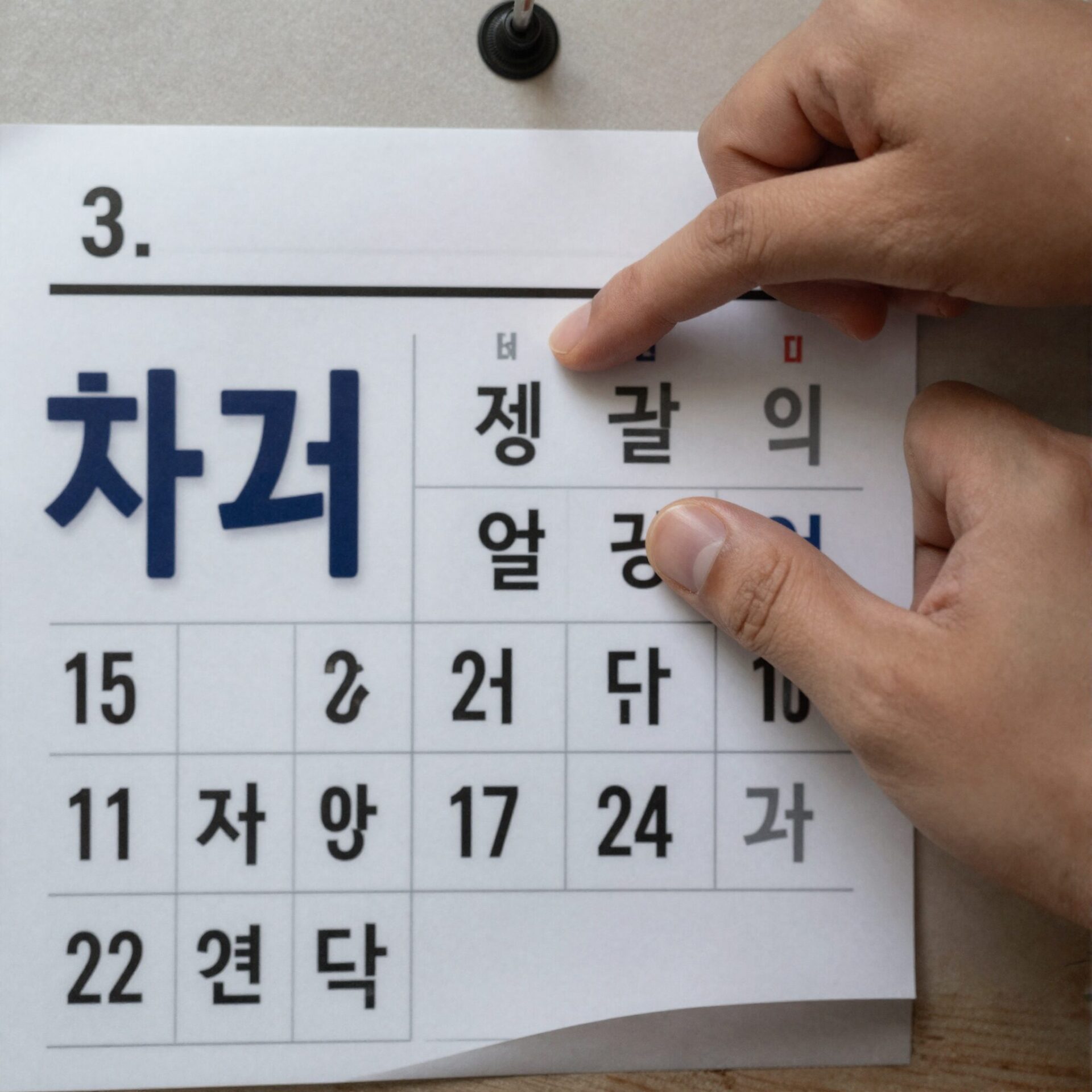 차량 번호판 끝자리를 가리키는 손가락과 요일 표시가 적힌 달력