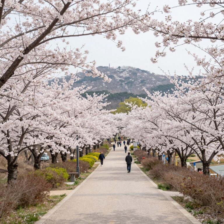 철원 신철원공원 벚꽃마당 전망대에서 바라본 벚꽃 가로수길과 산 풍경