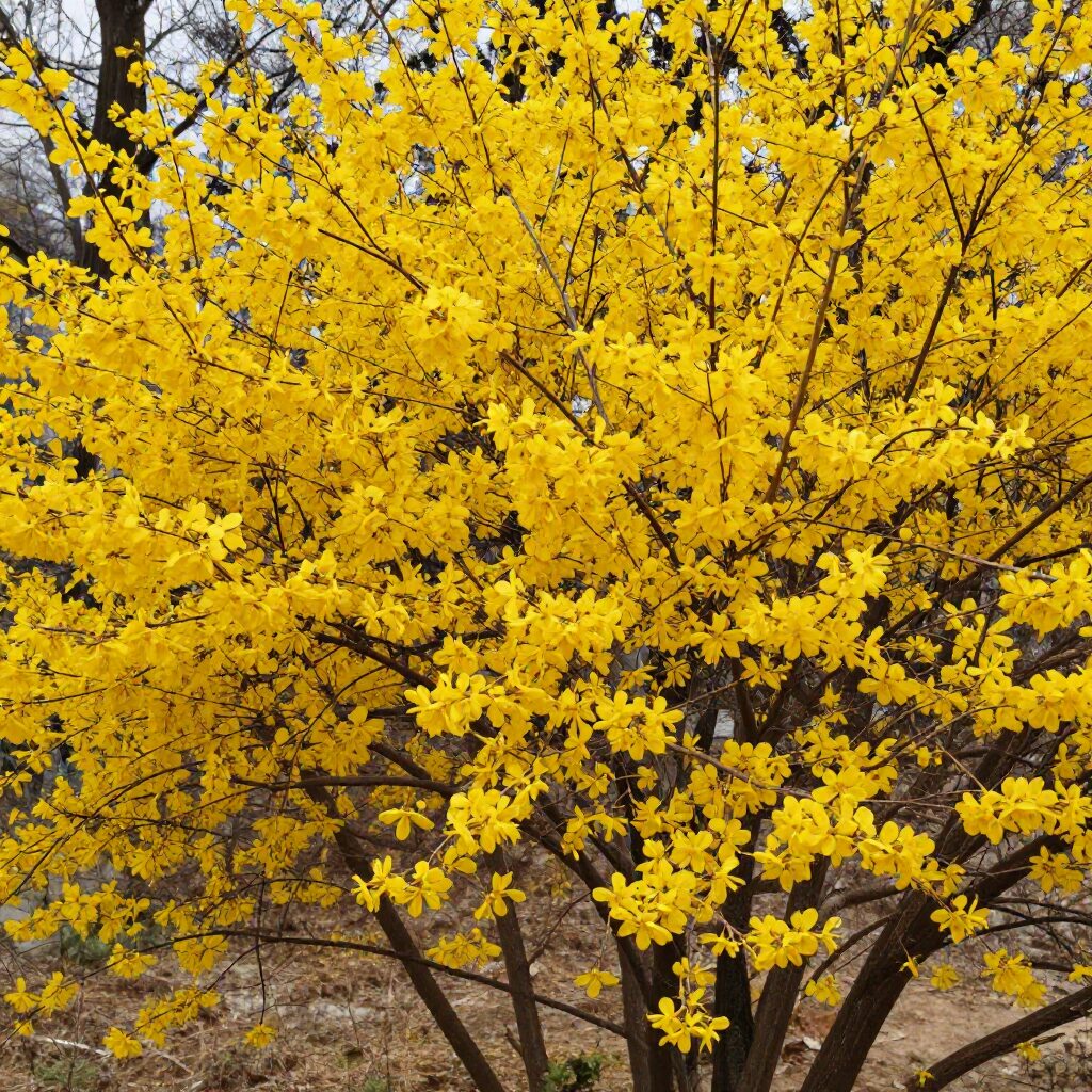 봄에 피는 노란 산수유 꽃가득 핀 나무 가지