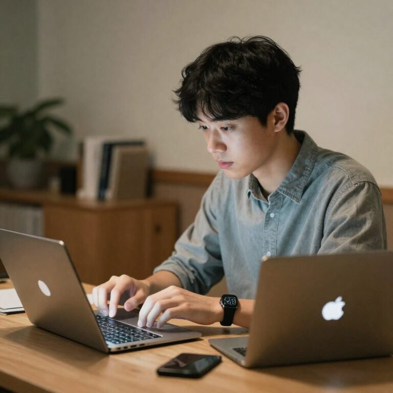 노트북과 태블릿으로 사이버강의를 들으며 공부하는 모습