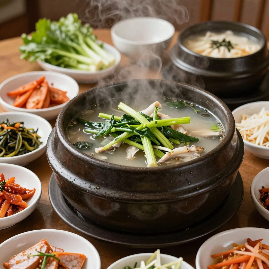 봄 제철 도다리 쑥국이 담긴 뚝배기와 다양한 반찬이 차려진 식탁