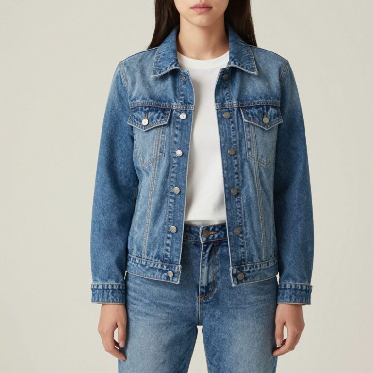 듀엘 여유핏 자켓을 입은 여성이 데님 팬츠와 함께 캐주얼하게 코디한 모습