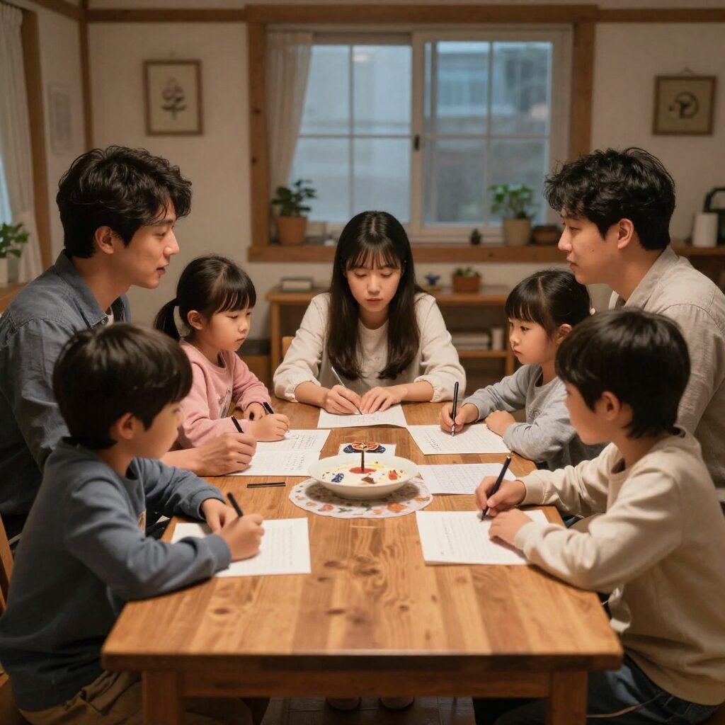 가족이 식탁에서 대화를 나누는 모습, 글쓰기의 기초가 되는 일상의 대화