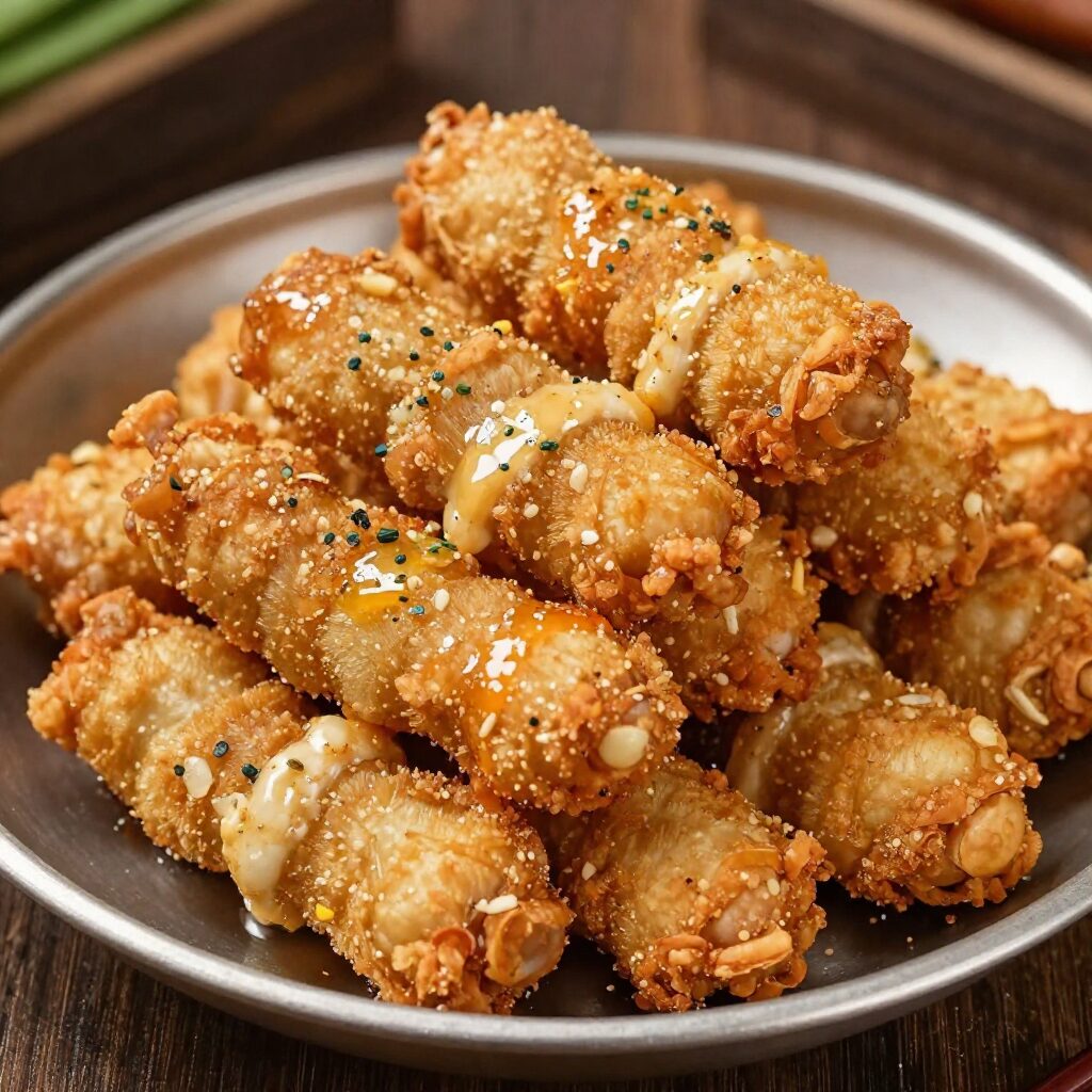 바삭하게 튀겨진 냉이튀김 접시